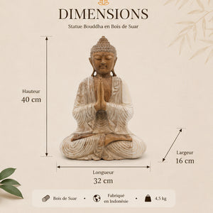 Dimensions de la Statue Bouddha Namasté en bois de Suar – 32 x 16 x 40 cm