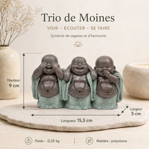 Dimensions du trio de Bouddhas rieurs de la sagesse – hauteur 9 cm et largeur 5 cm sur 15 cm de long
