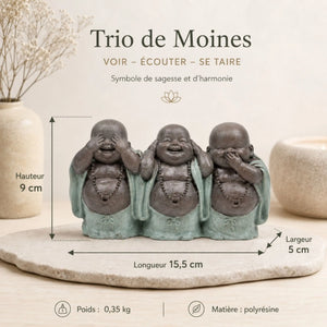 Dimensions du trio de Bouddhas rieurs de la sagesse – hauteur 9 cm et largeur 5 cm sur 15 cm de long