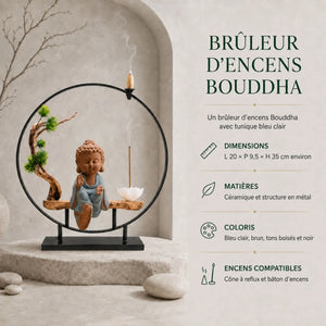 Infographie du brûleur d’encens Bouddha Bulle Paisible bleu de 35 cm, compatible avec les cônes à reflux et les bâtons d’encens.