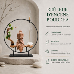 Infographie du brûleur d’encens Bouddha Bulle Paisible en céramique de 35 cm, compatible avec les cônes à reflux et les bâtons d’encens.