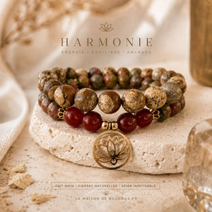 Bracelet jaspe paysage et cornaline naturelle avec pendentif fleur de lotus en acier inoxydable doré