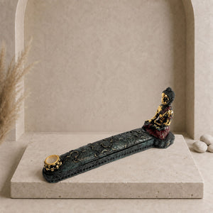 Porte-encens Bouddha antique fermé avec cône d’encens et motifs de feuilles