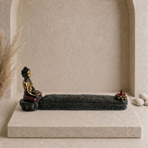 Brûleur d’encens Bouddha antique avec boîte en résine noire et dorée – 27 cm