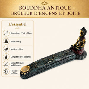 Infographie du brûleur d’encens Bouddha antique en résine – dimensions 27 × 8 × 12 cm