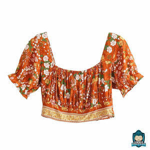 Ensemble-Fleuri-Femme-Pantalon-Orange-a-fleurs-blanches-et-haut-court-a-manches-courtes-froncees-decollete-rectangulaire-coton-et-fibre-synthetique-La-Maison-de-Bouddha