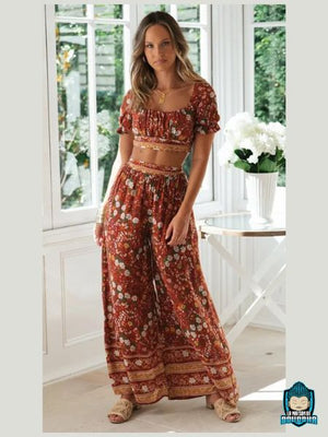 Ensemble-Fleuri-Femme-Pantalon-Orange-a-fleurs-blanches-et-haut-court-a-manches-courtes-froncees-decollete-rectangulaire-coton-et-fibre-synthetique-ceinture-en-tissu-pantalon-ample