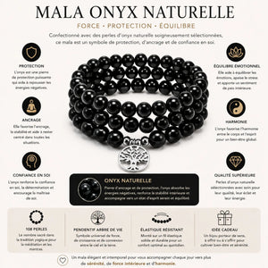 Mala Onyx Noir Naturel 108 Perles 8 mm – Arbre de Vie – Fabrication Française Mala Tibétain La Maison de Bouddha