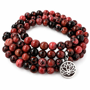 Mala Rhodonite Naturelle 108 Perles – Collier Lotus en Pierre Naturelle pour Yoga & Méditation Mala Tibétain La Maison de Bouddha