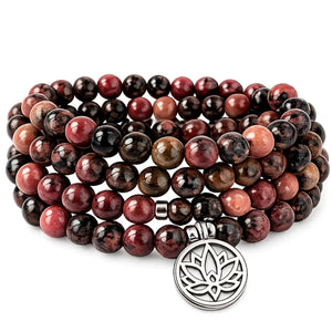 Mala Rhodonite Naturelle 108 Perles – Collier Lotus en Pierre Naturelle pour Yoga & Méditation Mala Tibétain La Maison de Bouddha