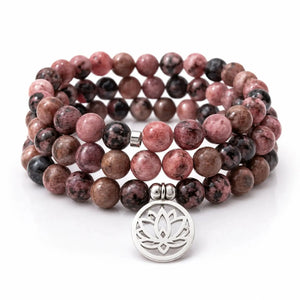 Mala Rhodonite Naturelle 108 Perles – Collier Lotus en Pierre Naturelle pour Yoga & Méditation Mala Tibétain La Maison de Bouddha