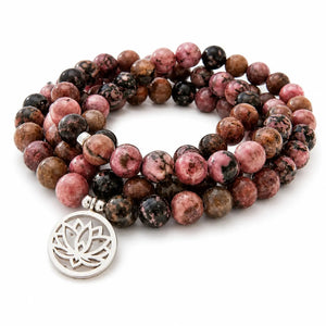 Mala Rhodonite Naturelle 108 Perles – Collier Lotus en Pierre Naturelle pour Yoga & Méditation Mala Tibétain La Maison de Bouddha
