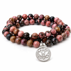 Mala Rhodonite Naturelle 108 Perles – Collier Lotus en Pierre Naturelle pour Yoga & Méditation Mala Tibétain La Maison de Bouddha