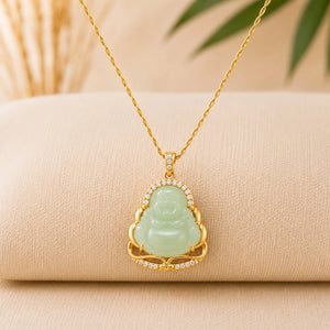 Pendentif Bouddha Chinois Jade Vert Clair et Or La Maison de Bouddha
