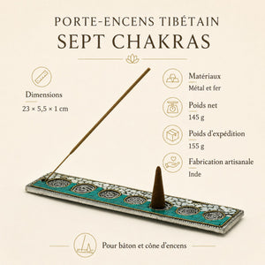 Dimensions et caractéristiques du porte-encens 7 chakras tibétain en métal de 23 cm