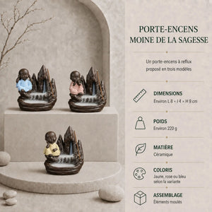 Trois porte-encens Moines de la Sagesse en céramique avec cascade de fumée : modèle bleu ne rien entendre, rose ne rien dire et jaune sérénité.