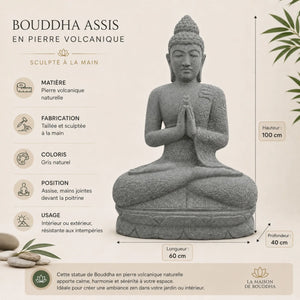 Statue Bouddha en Pierre Volcanique Position Prière – 1 m Wanda La Maison de Bouddha
