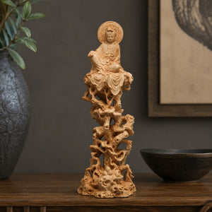 Statue Guanyin Assise sur Arbre en Buis Jaune – 20 cm 200044142 La Maison de Bouddha