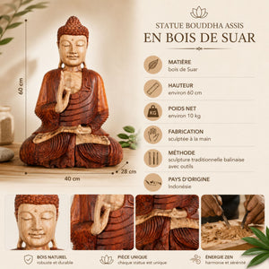 Dimensions et caractéristiques de la statue Bouddha assis Vitarka Mudra en bois de Suar sculptée à la main de 60 cm