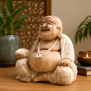 Statue Bouddha Rieur Budai en bois de Suar de 40 cm en décoration intérieure