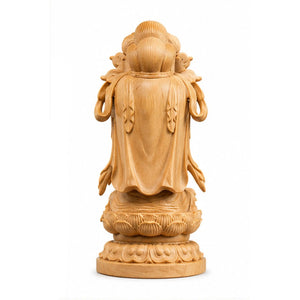Statuette Guanyin Kawaii sur Lotus en Bois de Cyprès 200044142 La Maison de Bouddha