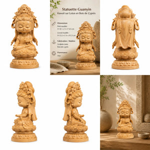 Statuette Guanyin Kawaii sur Lotus en Bois de Cyprès 200044142 La Maison de Bouddha