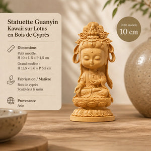 Statuette Guanyin Kawaii sur Lotus en Bois de Cyprès 200044142 La Maison de Bouddha