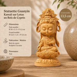Statuette Guanyin Kawaii sur Lotus en Bois de Cyprès 200044142 La Maison de Bouddha