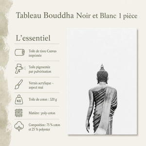 Infographie du tableau Bouddha noir et blanc en toile Canvas poly-coton de 320 grammes avec finition mate.
