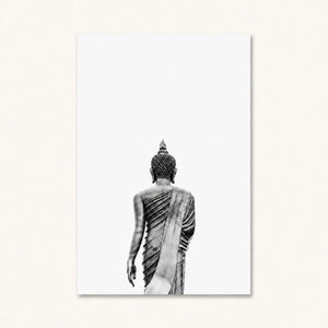 Tableau Bouddha noir et blanc vertical représentant une statue thaïlandaise debout vue de dos sur fond ivoire