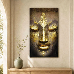 Tableau Bouddha Or exposé au-dessus d’un meuble en bois clair avec vase vert sauge