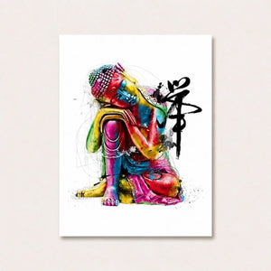 Tableau de Bouddha Art sur fond ivoire uni, représentant un Bouddha multicolore la tête posée sur son genou