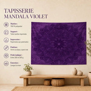 Infographie de la Tapisserie Murale Mandala Violet – Motif Floral et ses caractéristiques