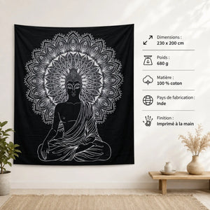Tenture Bouddha Mandala noir et blanc en coton avec dimensions 230 × 200 cm, poids 680 g et fabrication en Inde