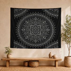 Tenture Mandala Fleur de Lotus Noir et Blanc en Coton – 230 × 200 cm Black and White Double Cotton Bedspread La Maison de Bouddha