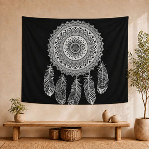 Tenture Attrape-Rêves Mandala Noir et Blanc en Coton – 230 × 200 cm