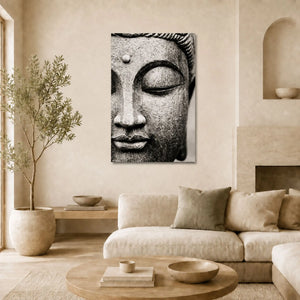 Toile Bouddha Gris intégrée dans un salon zen aux tons ivoire