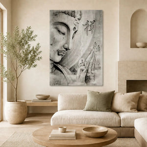 Toile Bouddha noir et blanc rectangulaire présentée dans un salon zen beige
