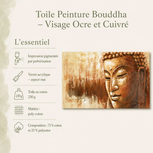 Infographie de la toile peinture Bouddha au visage ocre et cuivré et ses caractéristiques