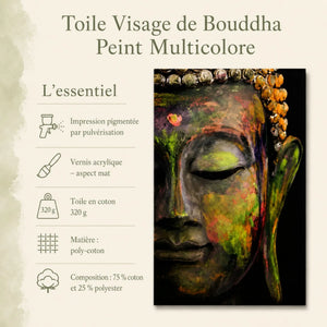 Infographie de la toile visage de Bouddha peint multicolore en poly-coton 320 g