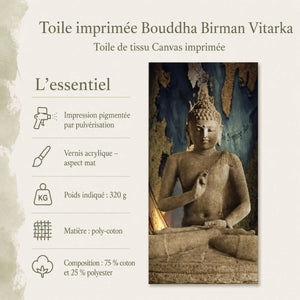 Infographie de la toile Bouddha Birman Vitarka : impression pigmentée, finition mate, 320 g, 75 % coton et 25 % polyester