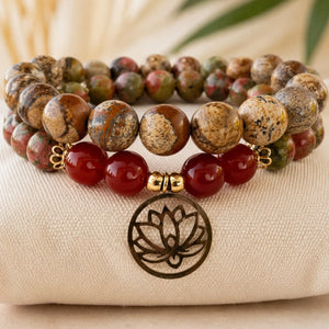 Bracelet spirituel en jaspe paysage et cornaline rouge avec symbole lotus en acier inoxydable