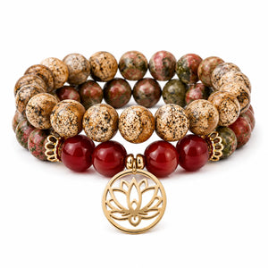 Bracelet jaspe paysage et cornaline avec pendentif lotus en acier inoxydable – pierres naturelles