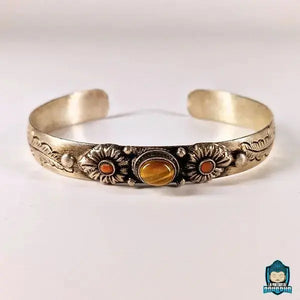 Bracelet Jonc Tibetain en cuivre blanc et Oeil de Tigre Naturelle