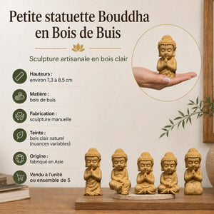 Caractéristiques du lot de 5 Statuettes Bouddha en bois de buis de 7 à 8,5 cm