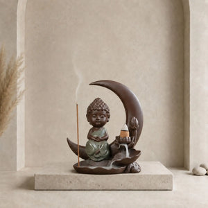 Porte-encens Bouddha Croissant de Lune en céramique brune et vert kaki avec support en forme de lotus