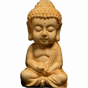 Statue D du lot de 5 Statuettes Bouddha en bois de buis, modèle assis en méditation