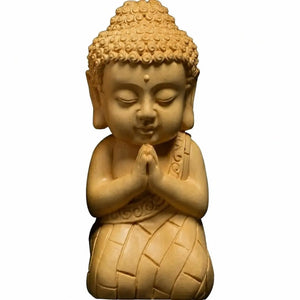 Statue E du lot de 5 Statuettes Bouddha en bois de buis, modèle avec les mains jointes