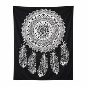 Tenture attrape-rêves mandala noir et blanc en coton, vue entière sur fond blanc, 230 × 200 cm