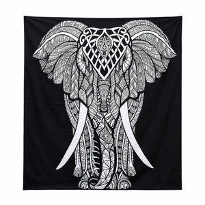 Tenture éléphant noir et blanc en coton, vue complète de face